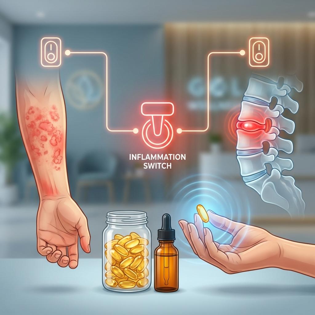 아토피 피부염과 디스크 탈출의 공통 원인인 NF-kB 염증 스위치 활성화와 오메가3 DHA의 항염 효과를 설명하는 의료 일러스트