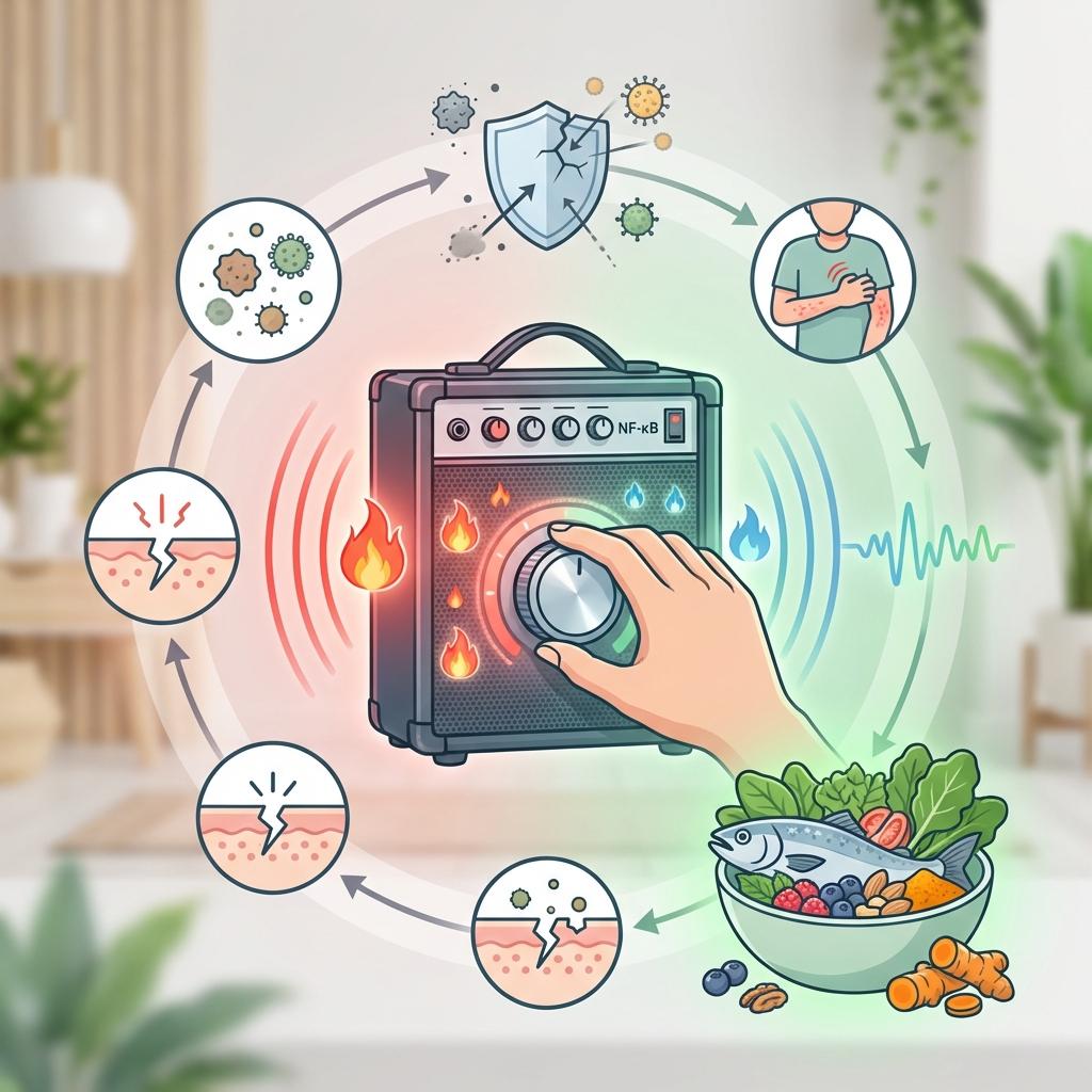 아토피 피부염에서 NF-kB 염증 스위치 활성화로 가려움과 피부 장벽 손상이 반복되는 과정과 항염 식단으로 염증을 조절하는 원리 일러스트