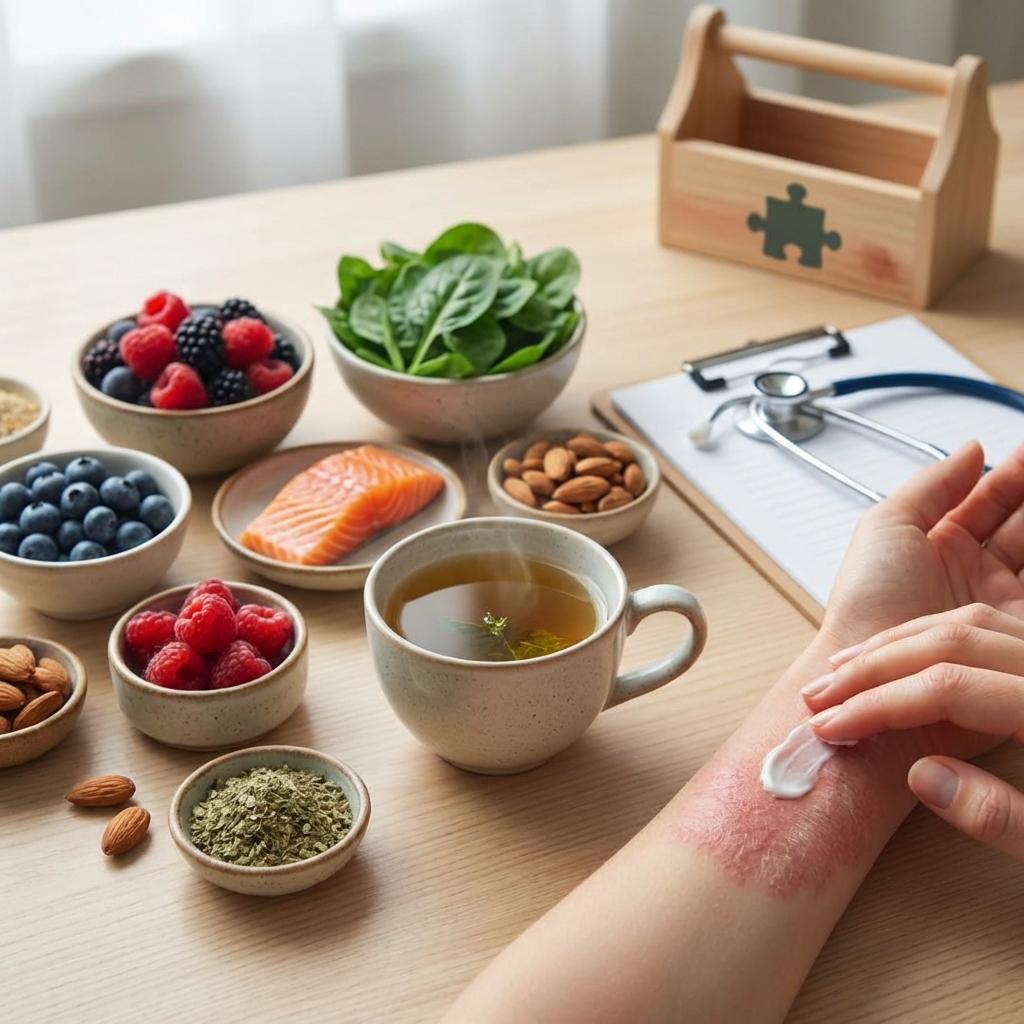 아토피 피부염 치료에서 항염 식단은 보조 수단이며 피부과 전문의 치료가 중요하고 식품 알레르기와 혼동하면 위험할 수 있음을 설명하는 건강 관리 이미지