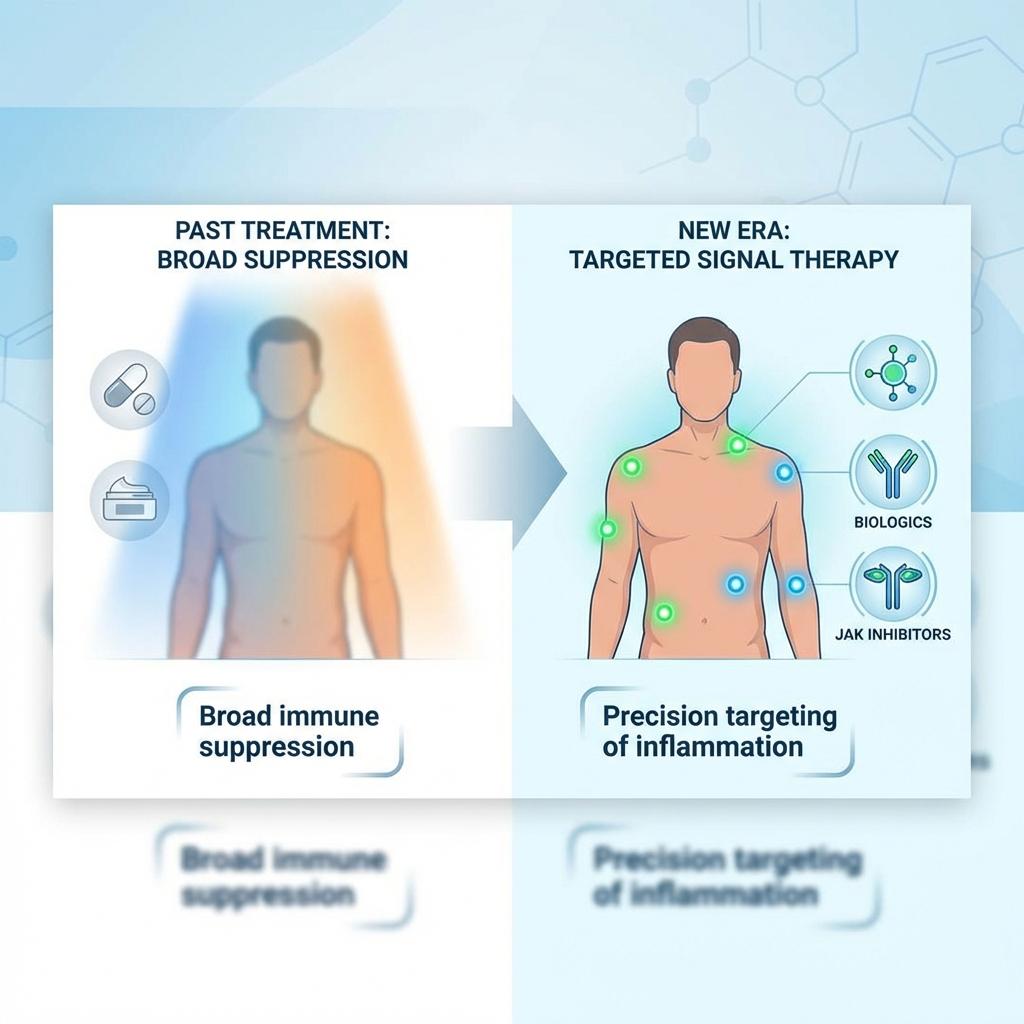 아토피 피부염 치료 변화 인포그래픽, 기존 스테로이드 중심 면역 억제 치료에서 생물학적 제제와 JAK 억제제를 활용한 표적 치료로의 전환, IL-4 IL-13 IL-31 염증 신호 차단과 정밀 치료 흐름 설명