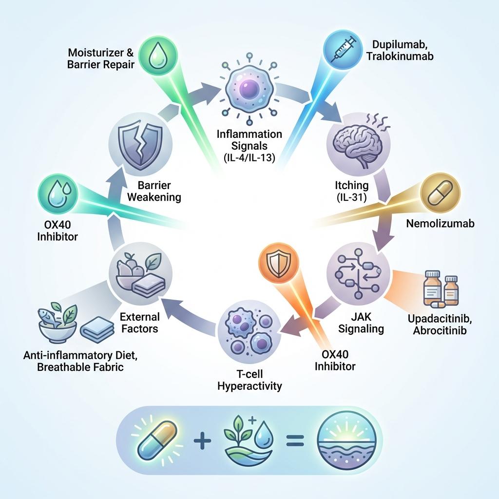 아토피 피부염 치료 흐름 인포그래픽, 피부 장벽 약화부터 IL-4 IL-13 염증 신호와 IL-31 가려움 경로, JAK 신호 전달 및 T세포 과활성까지 단계별 치료 방법 정리, 듀필루맙 트랄로키누맙 네몰리주맙 우파다시티닙 아브로시티닙 OX40 억제제와 보습 항염 식단 생활 관리 통합 치료 전략 설명