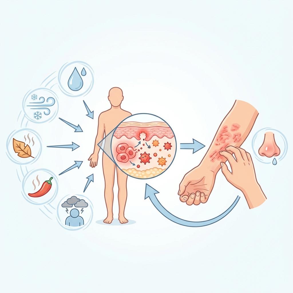 아토피 피부염 유발 요인 인포그래픽 – 땀, 건조한 공기, 차가운 바람, 매운 음식, 스트레스가 피부 염증과 가려움을 유발하는 아토피 메커니즘 설명