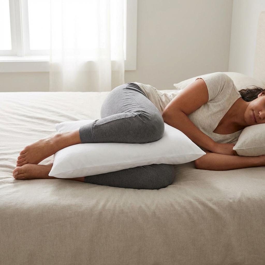 허리디스크와 좌골신경통 환자를 위한 옆으로 누워 무릎 사이 베개를 사용하는 태아 자세 수면법