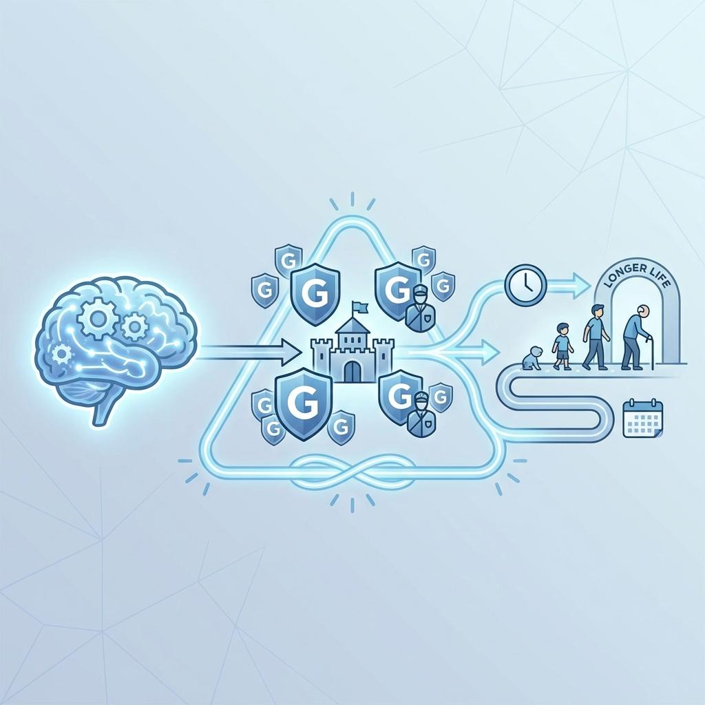 인간 뇌 발달과 면역력 강화, 수명 증가의 관계를 설명하는 인포그래픽, 면역 유전자 복제와 장수 진화 구조