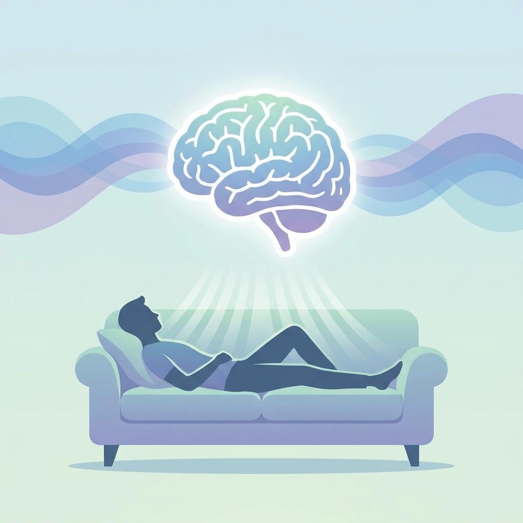 허리디스크 통증과 중추 감작(Central Sensitization) 원리 설명, 누워 안정하면 뇌의 통증 조절 시스템이 완화되는 모습을 보여주는 그래픽