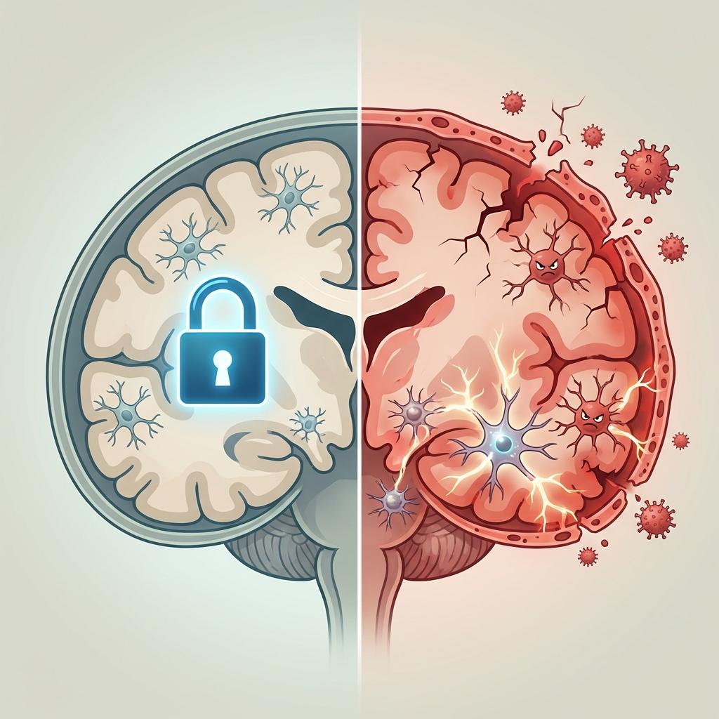 혈뇌장벽 손상과 만성 염증으로 인해 뇌 신경세포가 공격받는 모습, 미세아교세포 과활성화와 인지 기능 저하 원리 설명 이미지