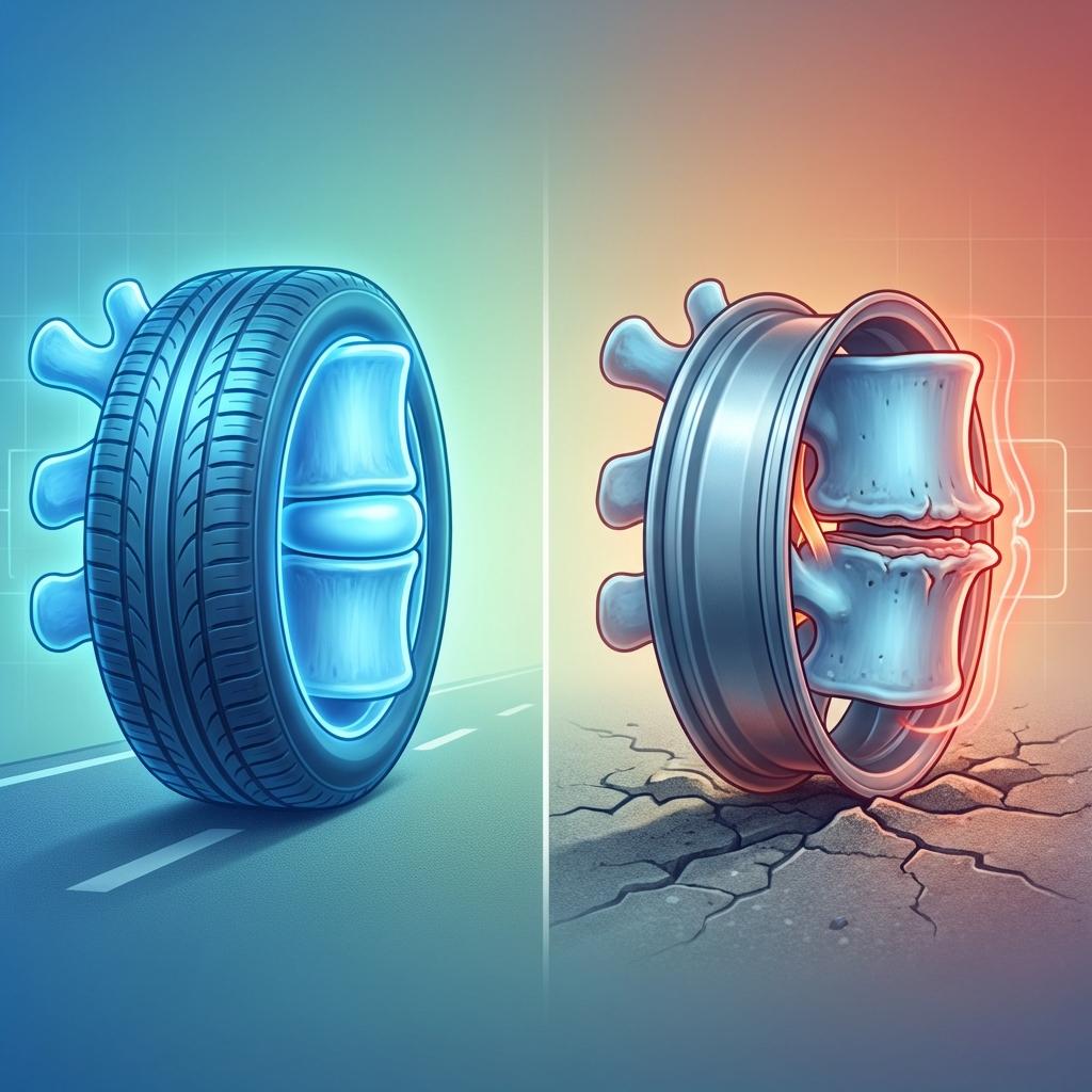 건강한 허리디스크와 디스크가 소실된 척추 상태를 타이어 비유로 설명한 척추 퇴행 인포그래픽