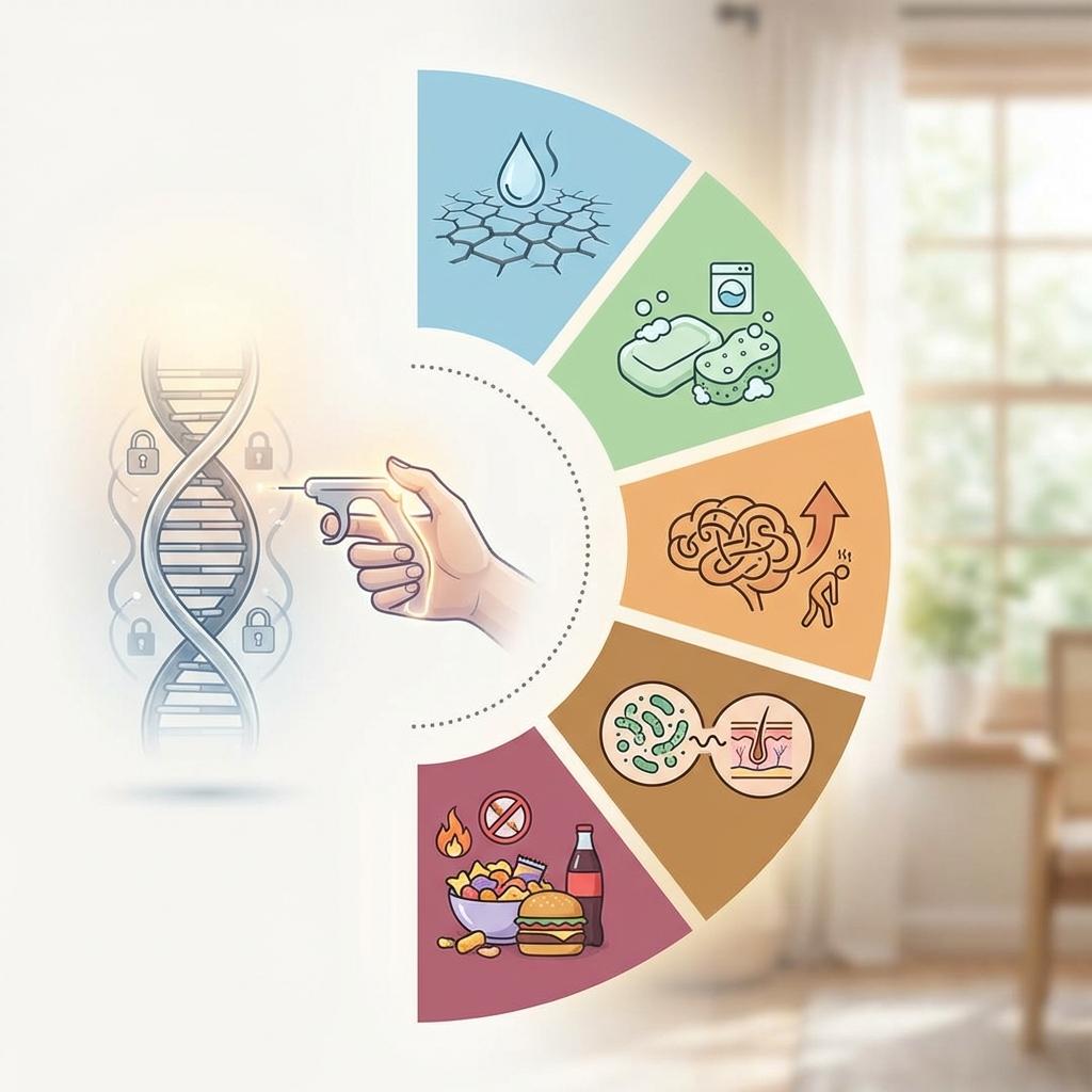 아토피 왜 생기나 설명 이미지 – 유전은 경향을 만들고 환경 요인(건조한 피부, 세정제 자극, 스트레스, 장-피부 축, 오메가6 과잉 식단)이 NF-κB 염증 반응을 활성화하는 구조