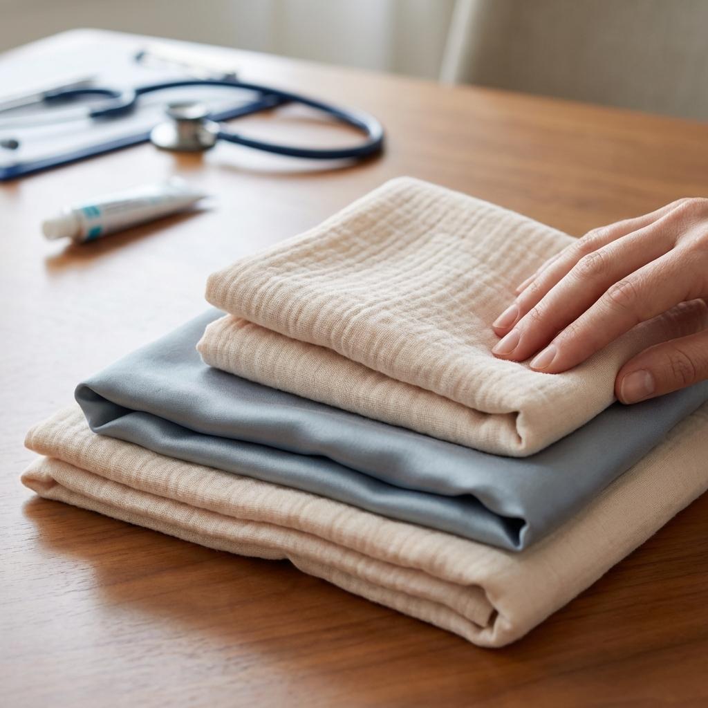 아토피 피부염 치료에서 거즈면이나 리오셀 같은 옷 소재 선택은 자극을 줄이는 보조 방법이며 개인차가 있어 피부 반응을 확인하고 피부과 전문의 치료를 병행해야 함을 설명하는 이미지