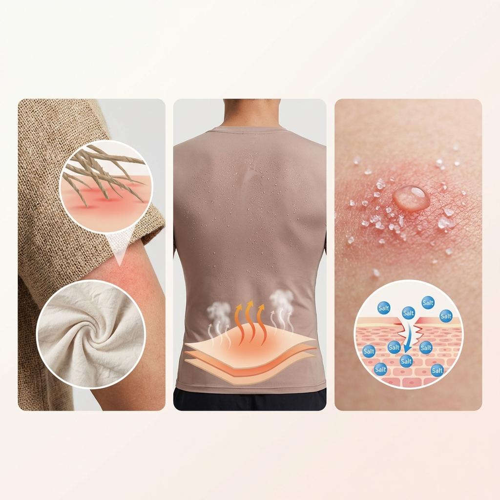 아토피 피부염에서 옷 소재의 마찰과 통기성 부족으로 인한 열 축적, 땀의 소금기가 피부 장벽을 손상시키고 가려움과 염증을 악화시키는 과정 설명 일러스트