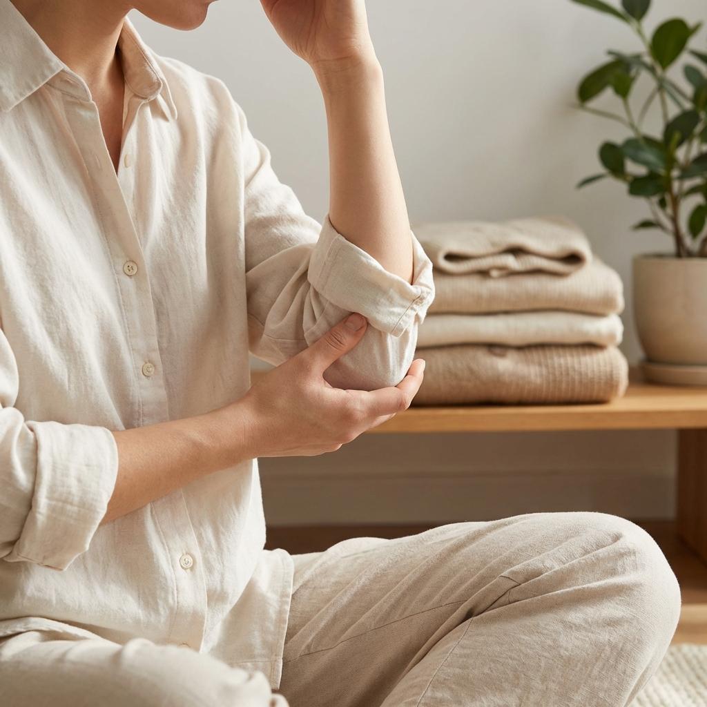 아토피 피부염 관리에서 목 팔꿈치 무릎 뒤 같은 접히는 부위에 부드럽고 통기성 좋은 옷 소재와 여유 있는 핏을 선택해 마찰과 땀 자극을 줄이는 방법 설명 이미지