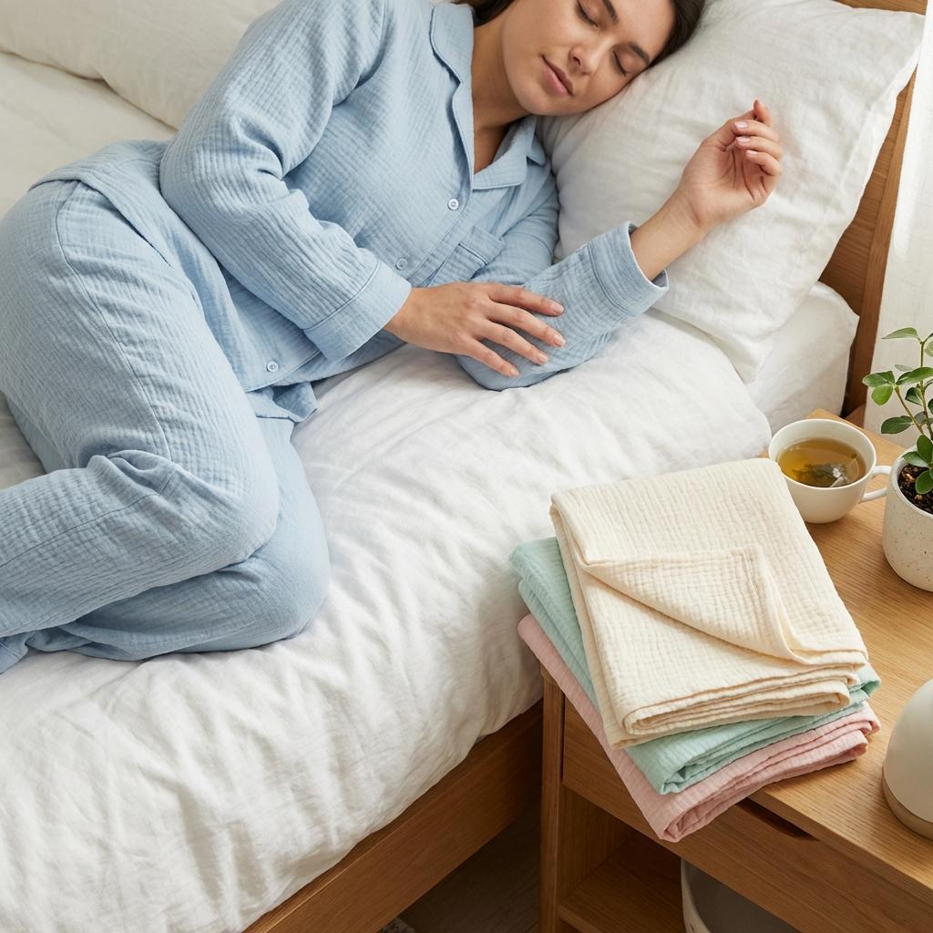 거즈면 이중거즈 잠옷이 통기성과 낮은 마찰로 피부 자극을 줄이고 수면 중 긁기를 감소시켜 아토피 피부염 피부 장벽 회복에 도움을 주는 모습