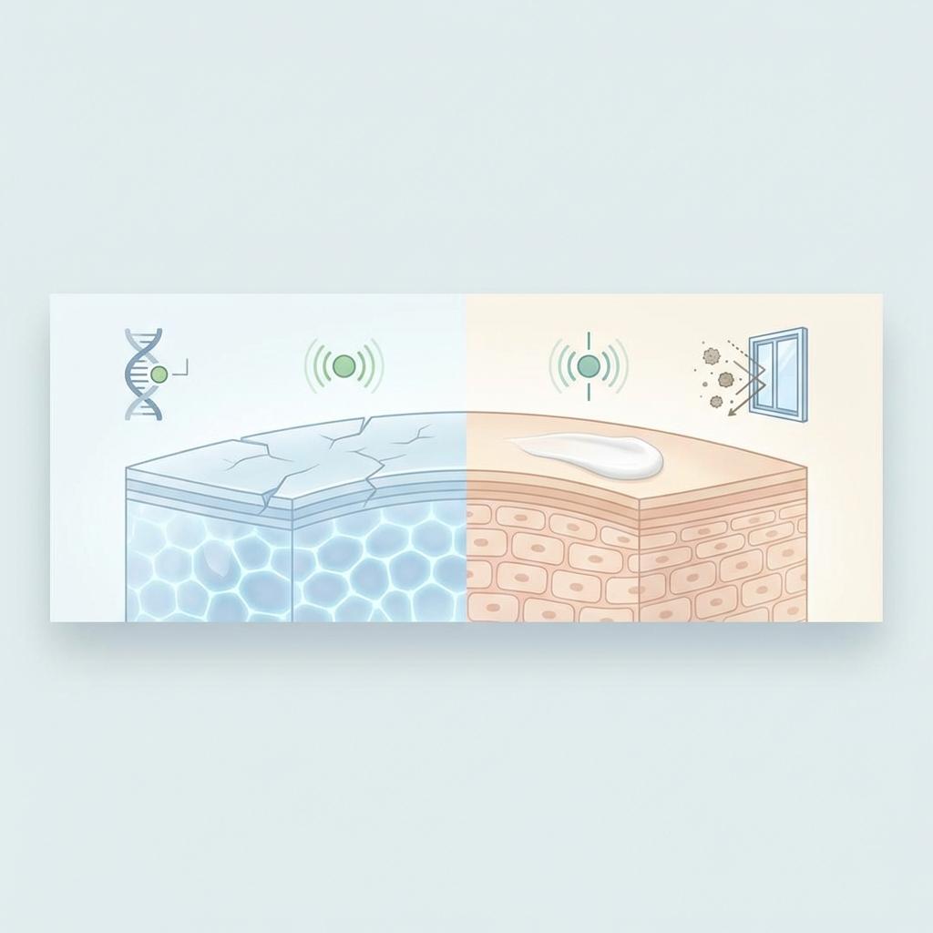 아토피는 잘못이 아닌 조건 설명 이미지 – 필라그린 유전자와 면역 과민으로 피부 장벽이 약해지지만 보습, 항염 치료, 식단과 환경 관리로 증상 완화가 가능한 구조
