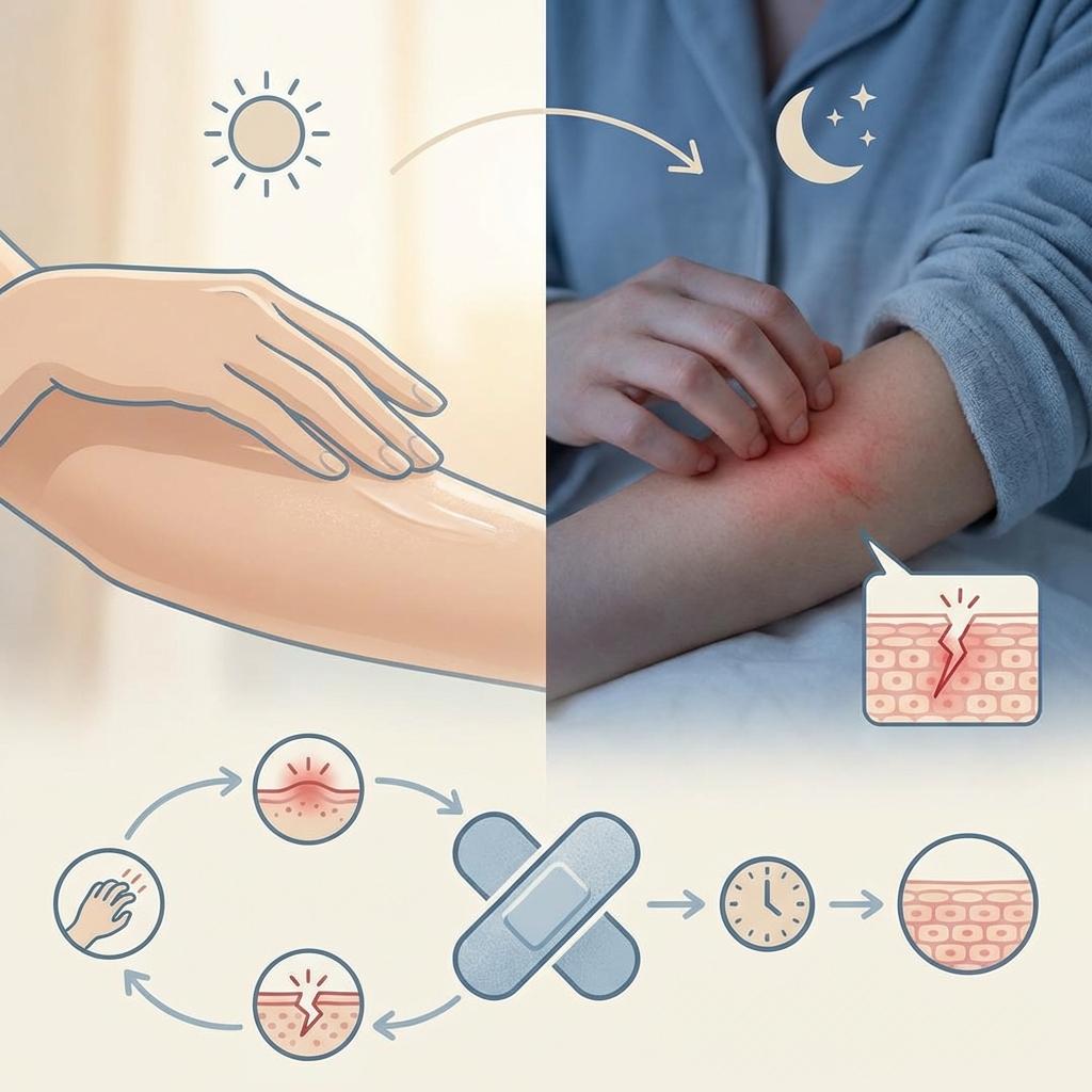아토피 피부염에서 밤에 가려움이 심해지고 수면 중 무의식적 긁기로 피부 장벽이 손상되면서 다시 가려움이 악화되는 반복 악순환 구조 설명 일러스트