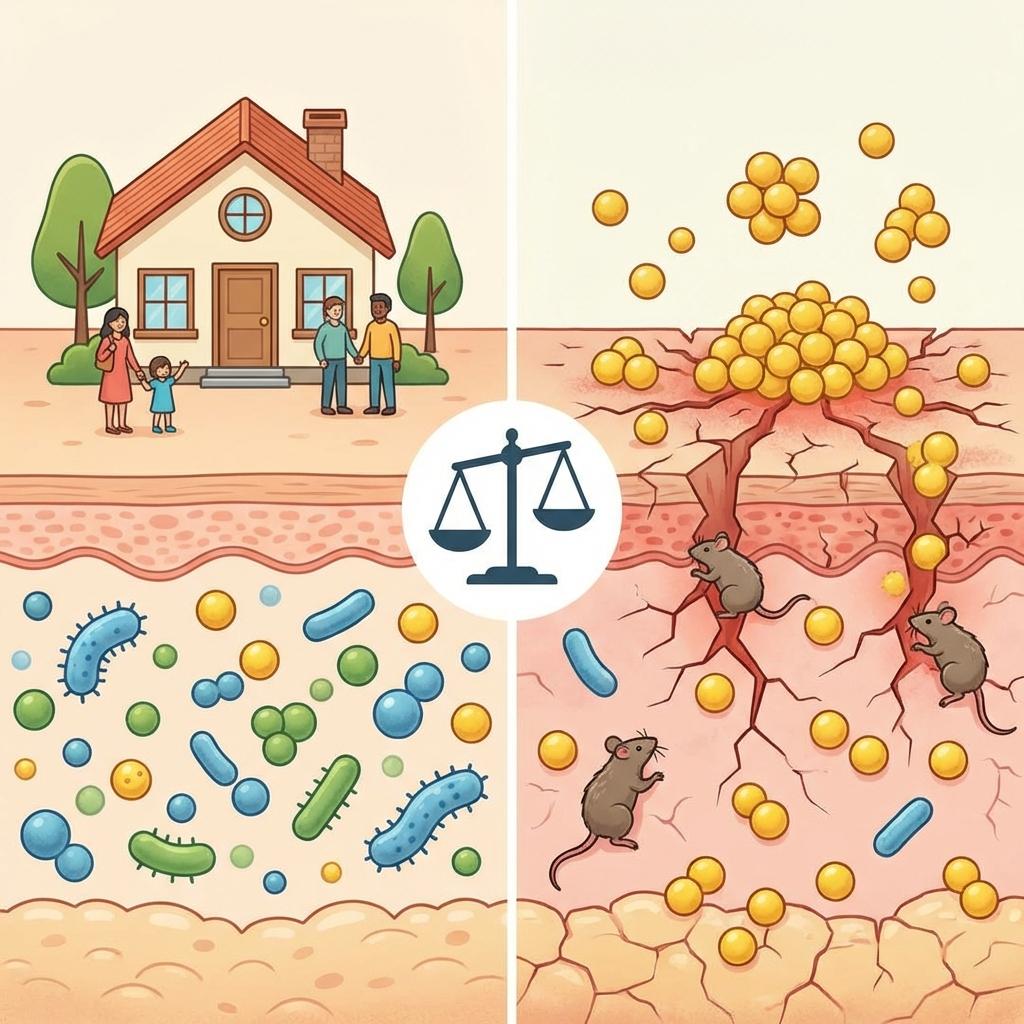 아토피 원인 중 하나인 피부 미생물 불균형 이미지 – 황색포도상구균 증가로 피부 장벽이 손상되고 염증과 가려움이 악화되는 과정 설명