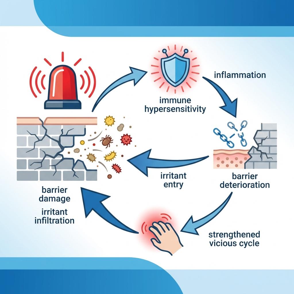 아토피 원인 악순환 과정 설명 이미지 – 피부 장벽 손상 → 자극 침투 → Th2 면역 과민 → 염증 증가 → 가려움과 긁기 → 장벽 추가 손상으로 반복되는 피부 악화 구조