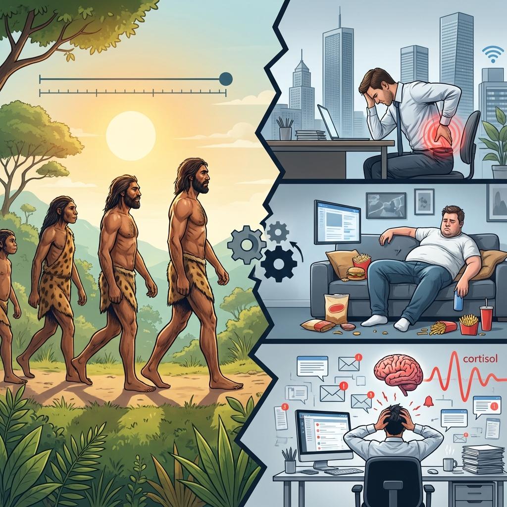 현대 질병의 원인 진화적 불일치 설명 인포그래픽, 좌식생활로 인한 허리 통증 비만 증가와 만성 스트레스 영향