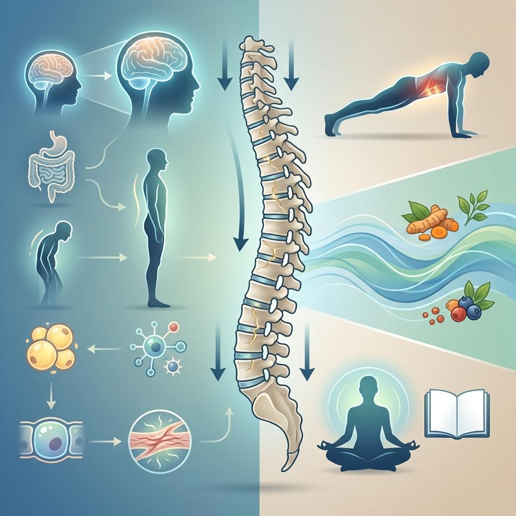 허리디스크 왜 생기는가와 해결 방법 인포그래픽, 진화적 불일치로 약해진 척추를 코어운동과 염증 스트레스 관리로 유지하는 전략