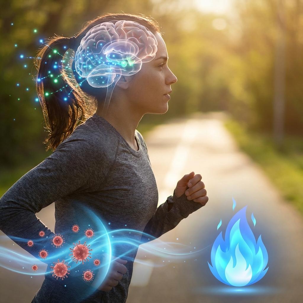 유산소 운동이 BDNF 증가와 뇌 신경생성 및 염증 감소에 미치는 효과를 보여주는 이미지