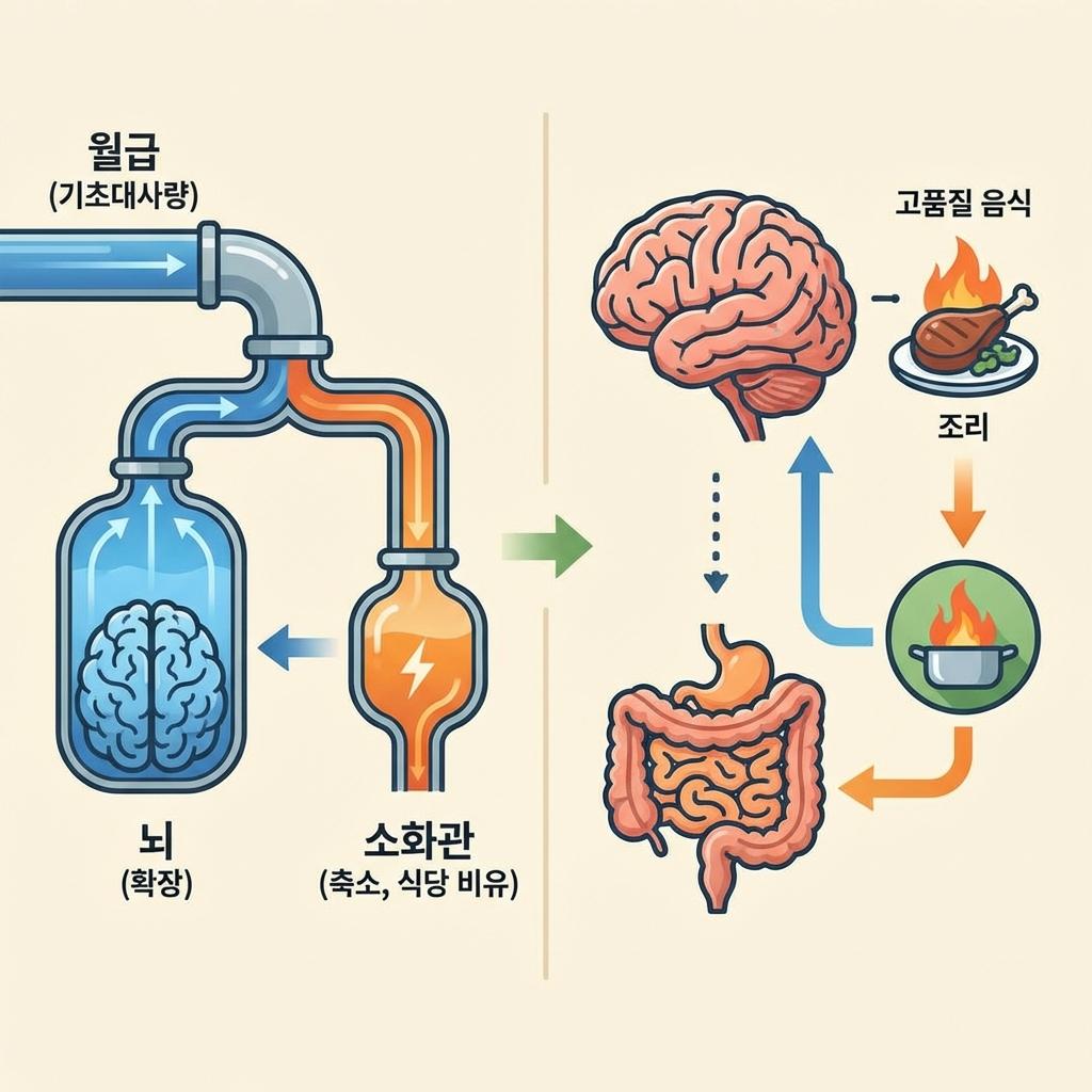 인간 뇌 진화와 에너지 분배 구조, 비싼 조직 가설로 설명한 뇌 확장과 소화관 축소, 고품질 음식과 조리의 역할 인포그래픽