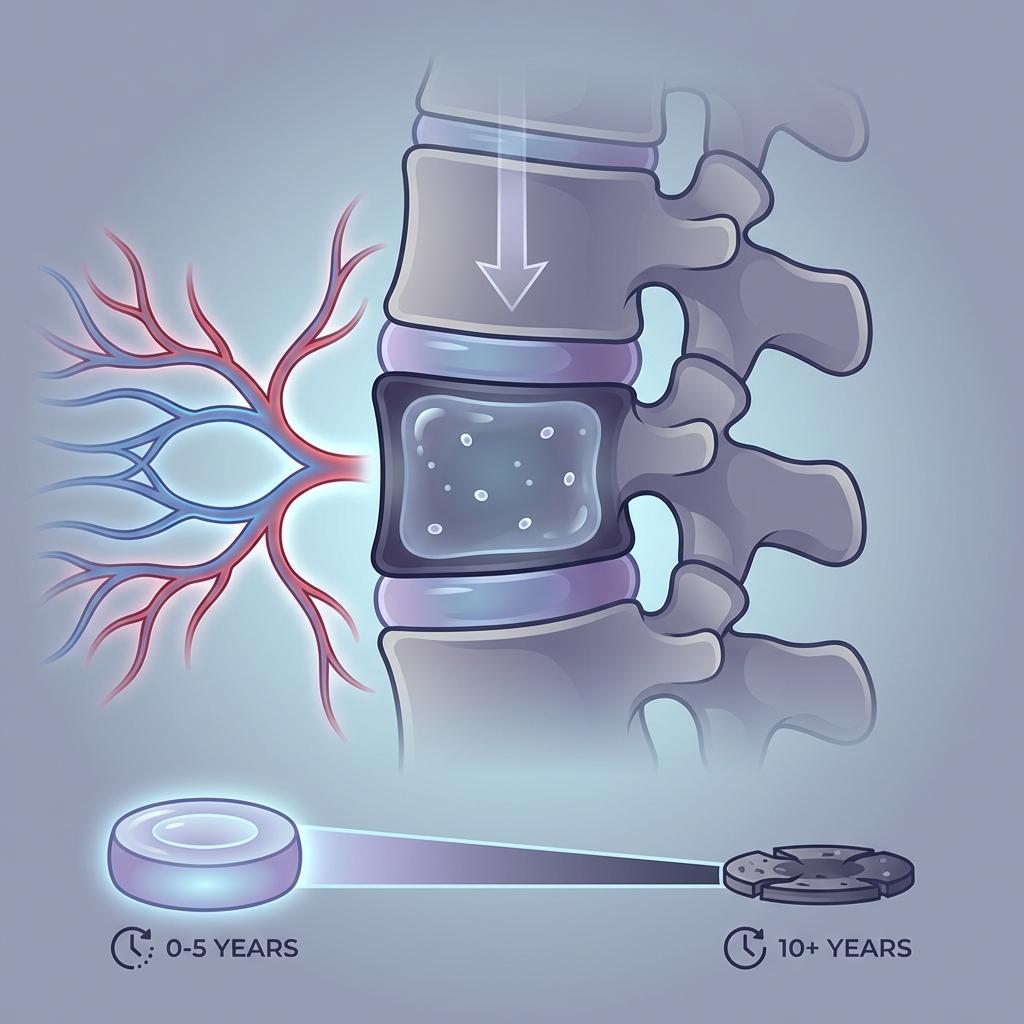 허리 디스크 구조와 퇴행 과정 설명 이미지, 혈관이 없어 회복이 어려운 무혈관 조직과 지속적인 압박으로 손상되는 모습