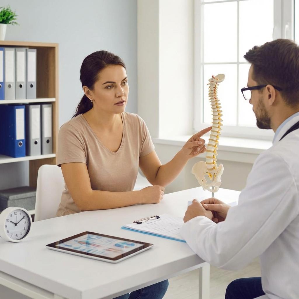 허리디스크 진료 상담 장면, 정형외과 의사와 환자가 척추 모형을 보며 MRI 결과와 치료 방향을 설명하는 모습