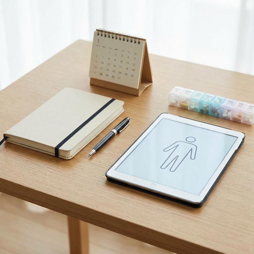 허리디스크 병원 가기 전 체크리스트 준비 장면, 통증 시작일과 위치를 메모하며 진료 상담을 준비하는 모습