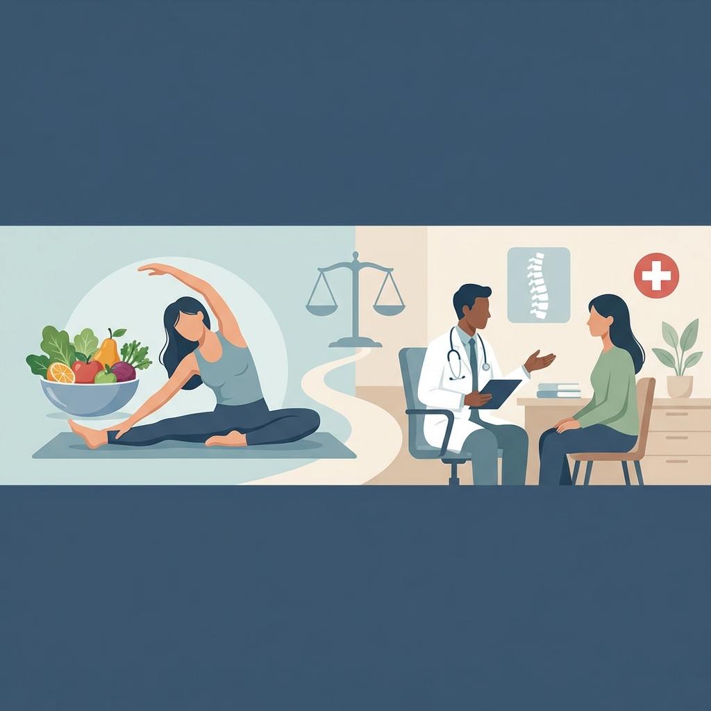 허리 디스크 환자의 운동과 식단 관리와 함께 전문의 상담이 필요한 이유를 설명하는 건강 관리 이미지