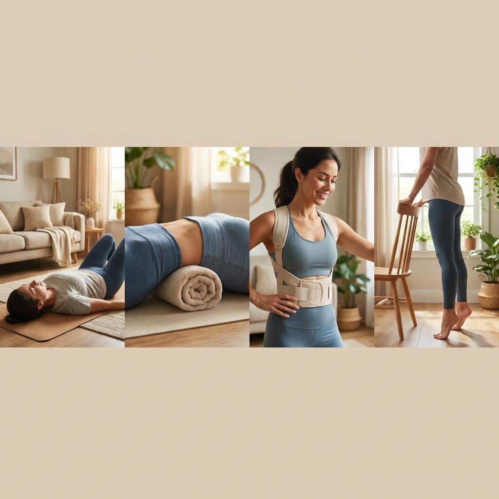 허리디스크 홈케어 방법으로 수건 받침, 복대 착용, 발뒤꿈치 들기 운동을 하는 모습