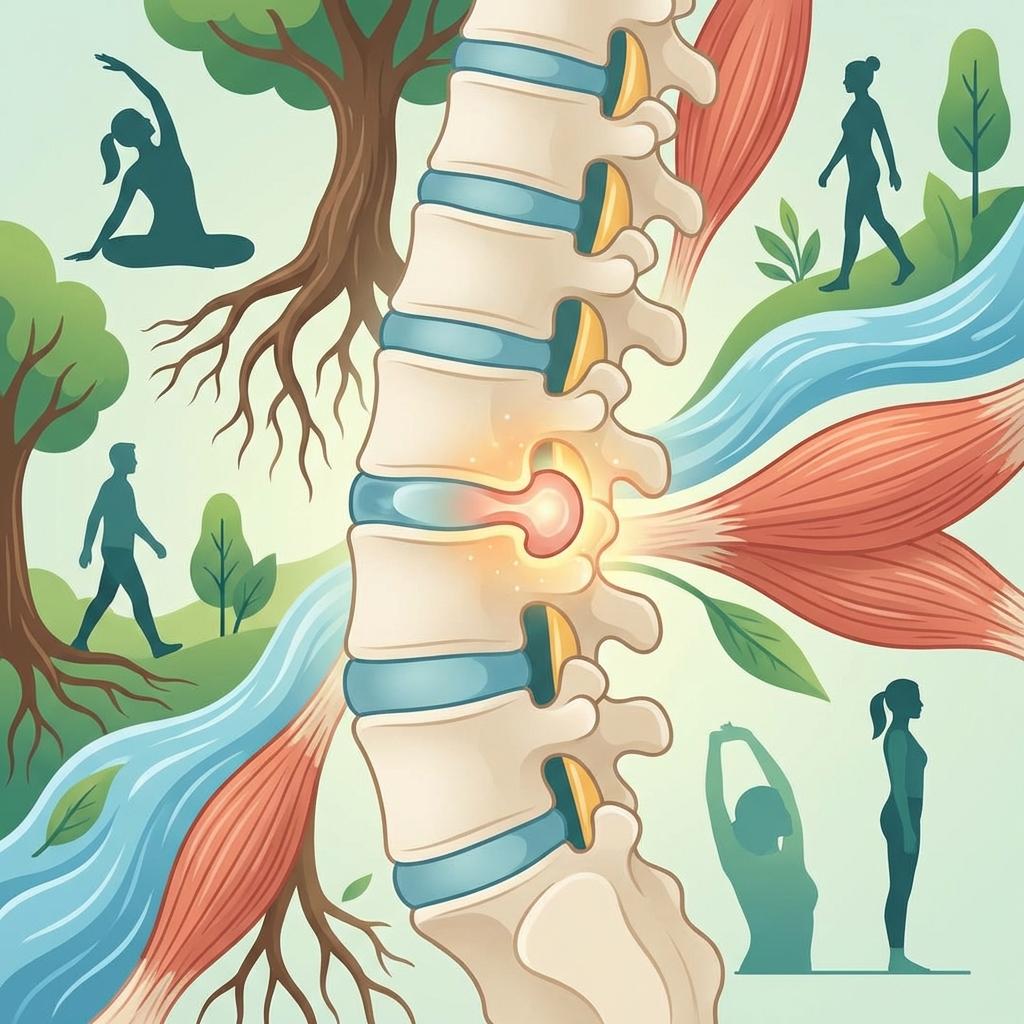 허리 디스크 통증을 운동과 생활습관 관리로 개선하는 모습, 보존적 치료로 회복 가능한 디스크 관리 방법 설명 이미지
