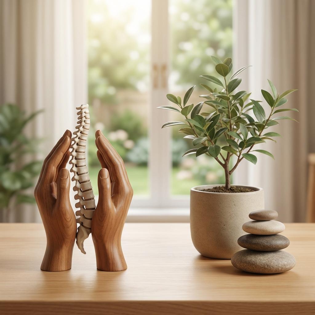 허리디스크 자연회복과 척추 관리 개념을 상징하는 척추 모형과 보호하는 손 이미지