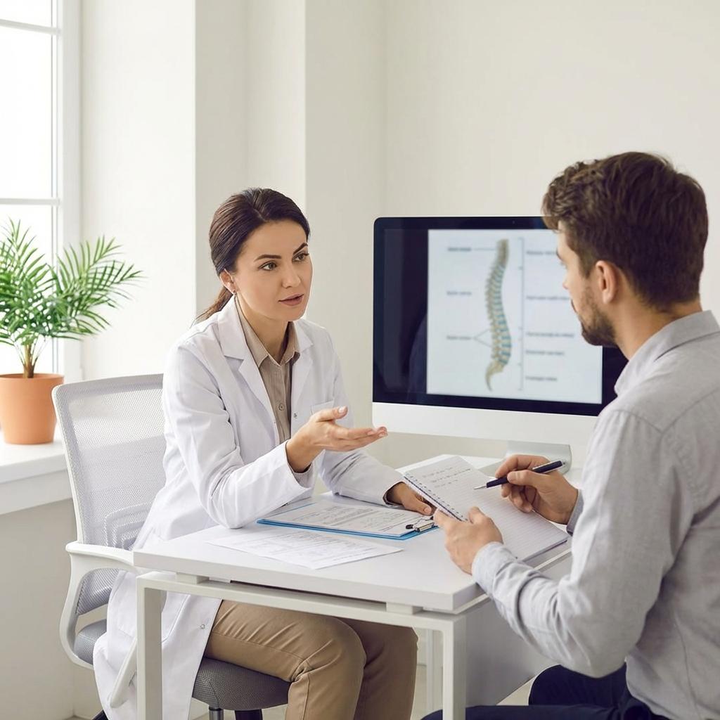 허리디스크 진료 중 의사에게 MRI 결과와 디스크 탈출 상태를 질문하며 치료 방향과 수술 여부를 상담하는 장면