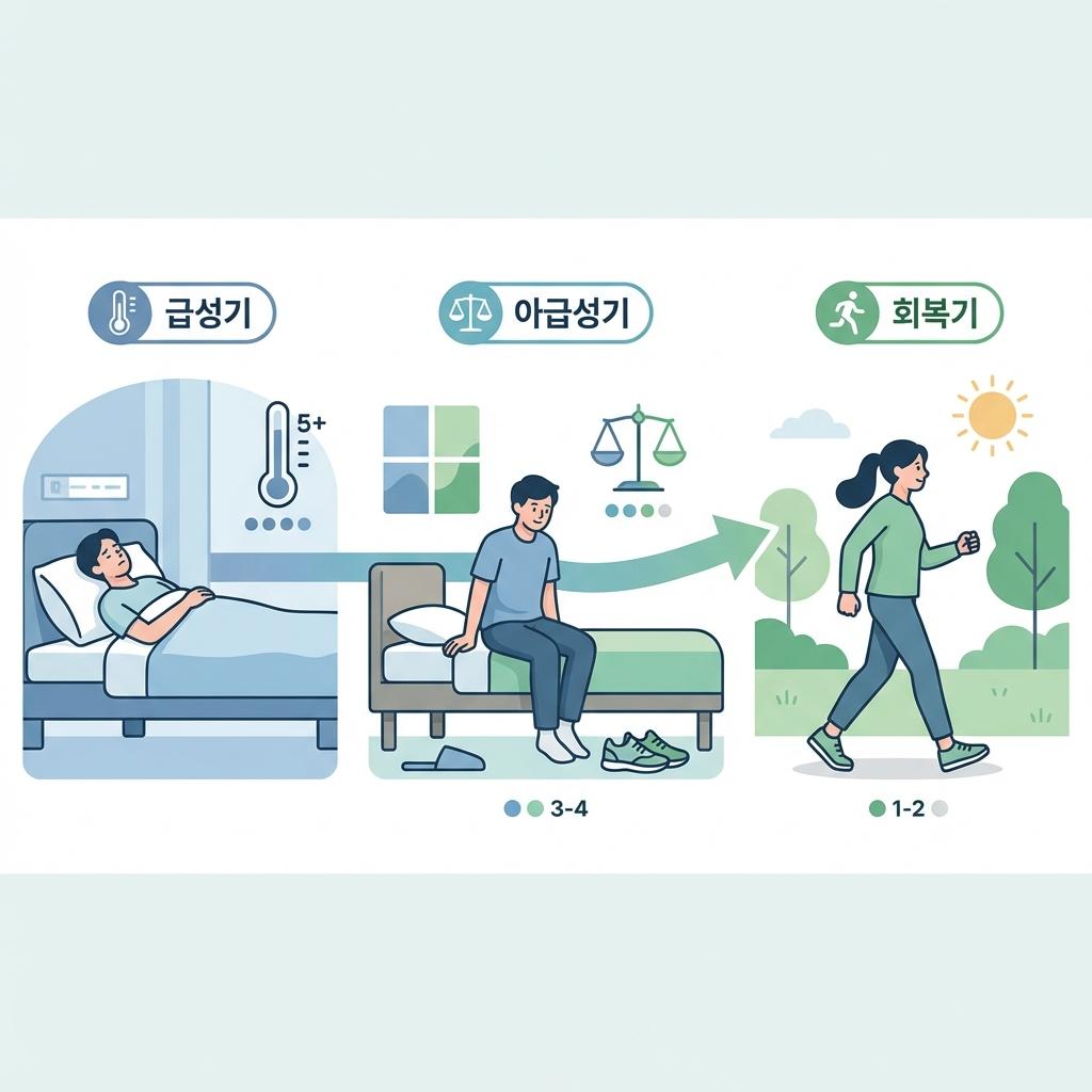허리디스크와 좌골신경통 통증 단계별 관리 가이드 이미지, 급성기 안정부터 아급성기 걷기 병행, 회복기 활동 전환까지 설명한 인포그래픽