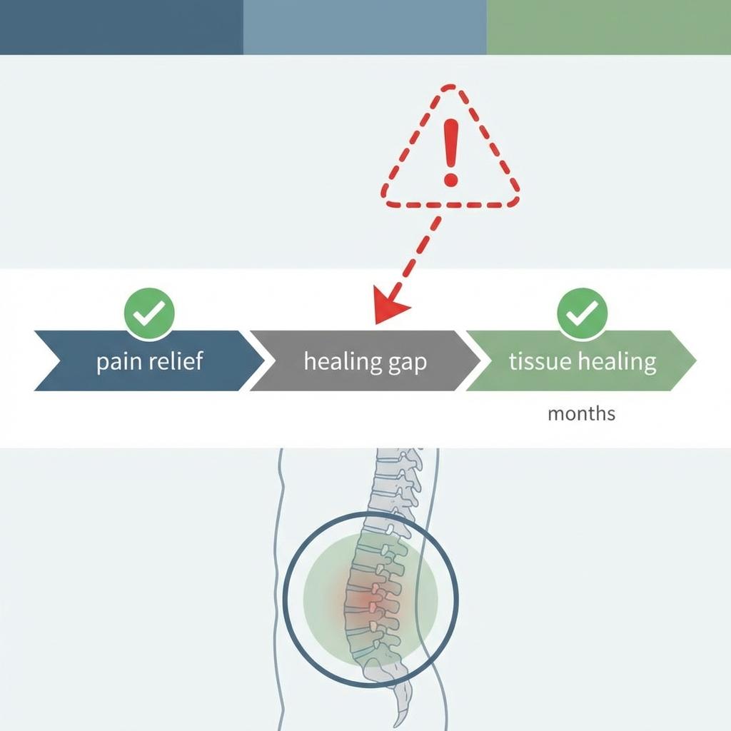 허리디스크 통증 감소와 조직 회복 기간 차이를 설명하는 회복 타임라인 이미지