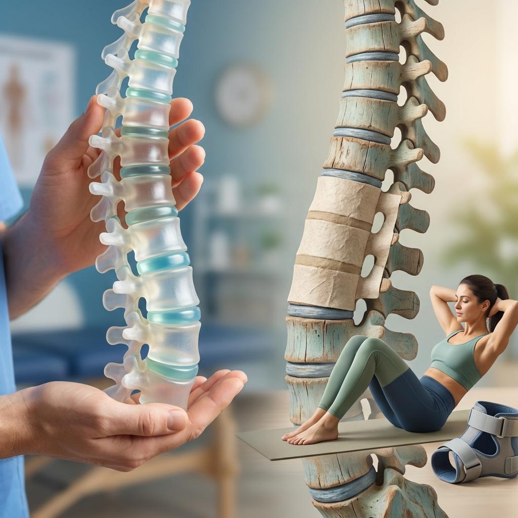 허리디스크 재활과 코어 운동으로 척추 건강을 관리하는 방법을 설명하는 척추 인포그래픽