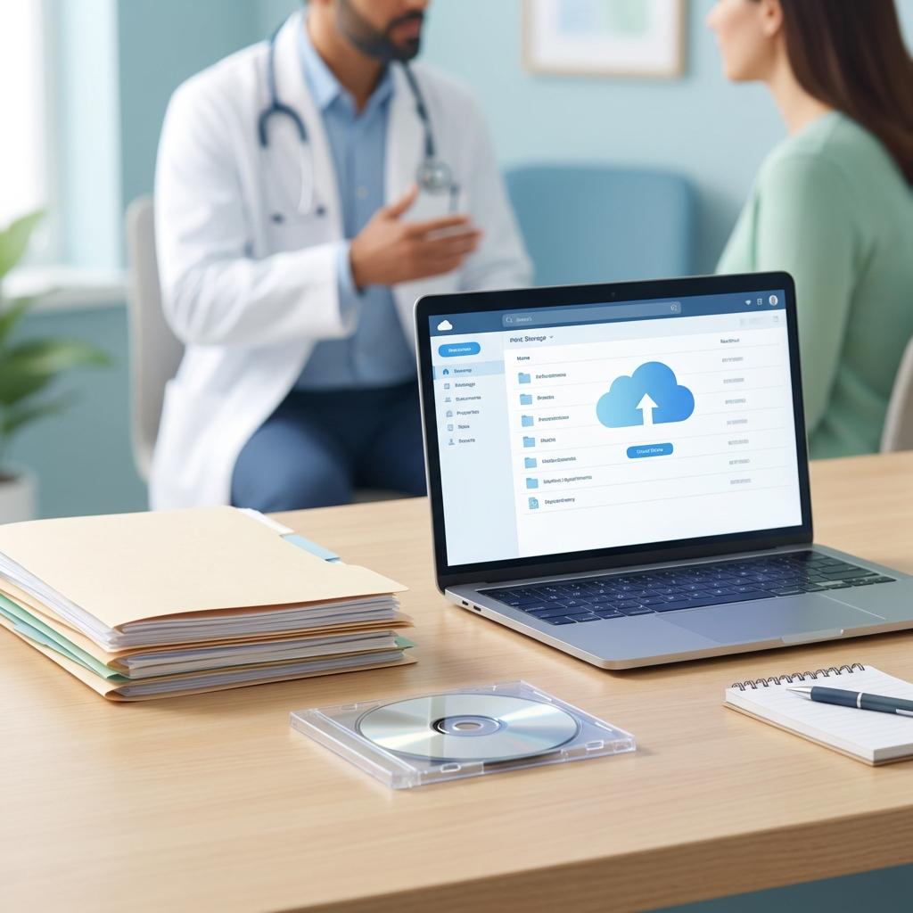 허리디스크 세컨드 오피니언 상담을 위해 MRI CD와 이전 병원 진단서를 준비해 다른 병원을 방문하는 장면