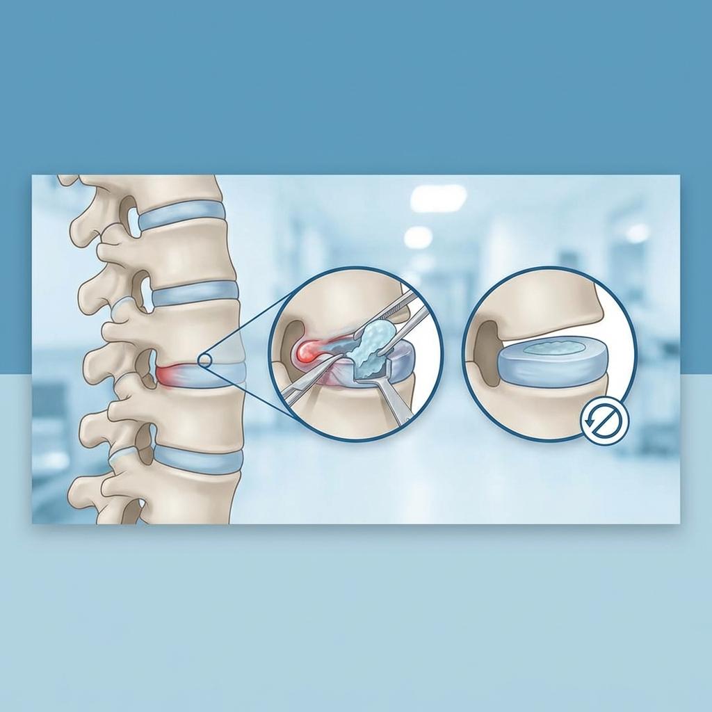 허리 디스크 수술 과정과 추간판절제술로 탈출된 디스크를 제거하는 설명 이미지