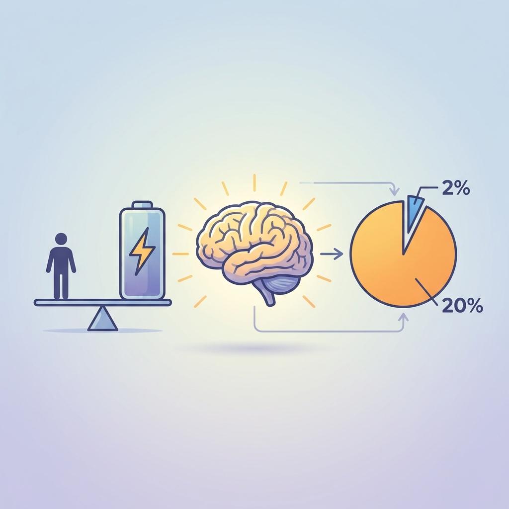인간 뇌 에너지 소비 설명 인포그래픽, 뇌는 체중의 2%지만 전체 에너지의 20% 사용, 뇌 크기와 기초대사량 비교