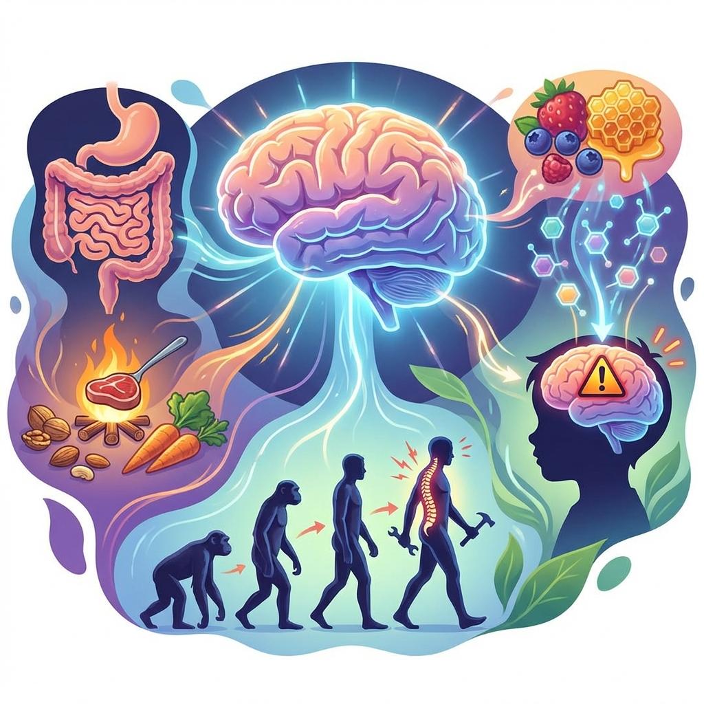 인류 진화 과정에서 뇌 확대에 따른 신체 재편 구조, 직립보행과 소화관 축소, 포도당 기반 뇌 에너지 소비 설명 인포그래픽