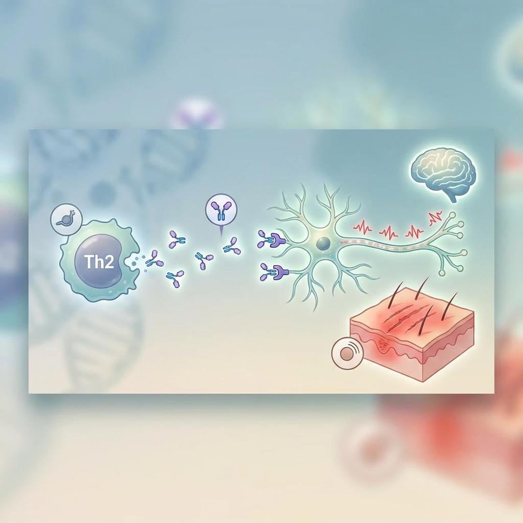 아토피 피부염 가려움 메커니즘 인포그래픽 – Th2 면역세포에서 분비된 IL-31 사이토카인이 감각 신경을 자극해 피부 가려움 신호를 뇌로 전달하는 과정