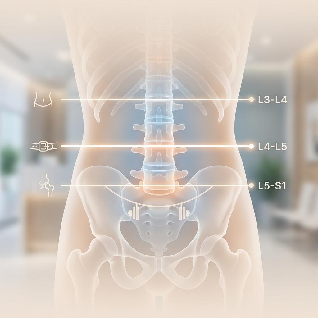 허리 디스크 위치 설명 이미지 L3 L4 L5 S1 위치와 L4-L5 L5-S1 통증 발생 부위 정리, 허리띠 위치와 배꼽 높이 기준 요추 위치 안내