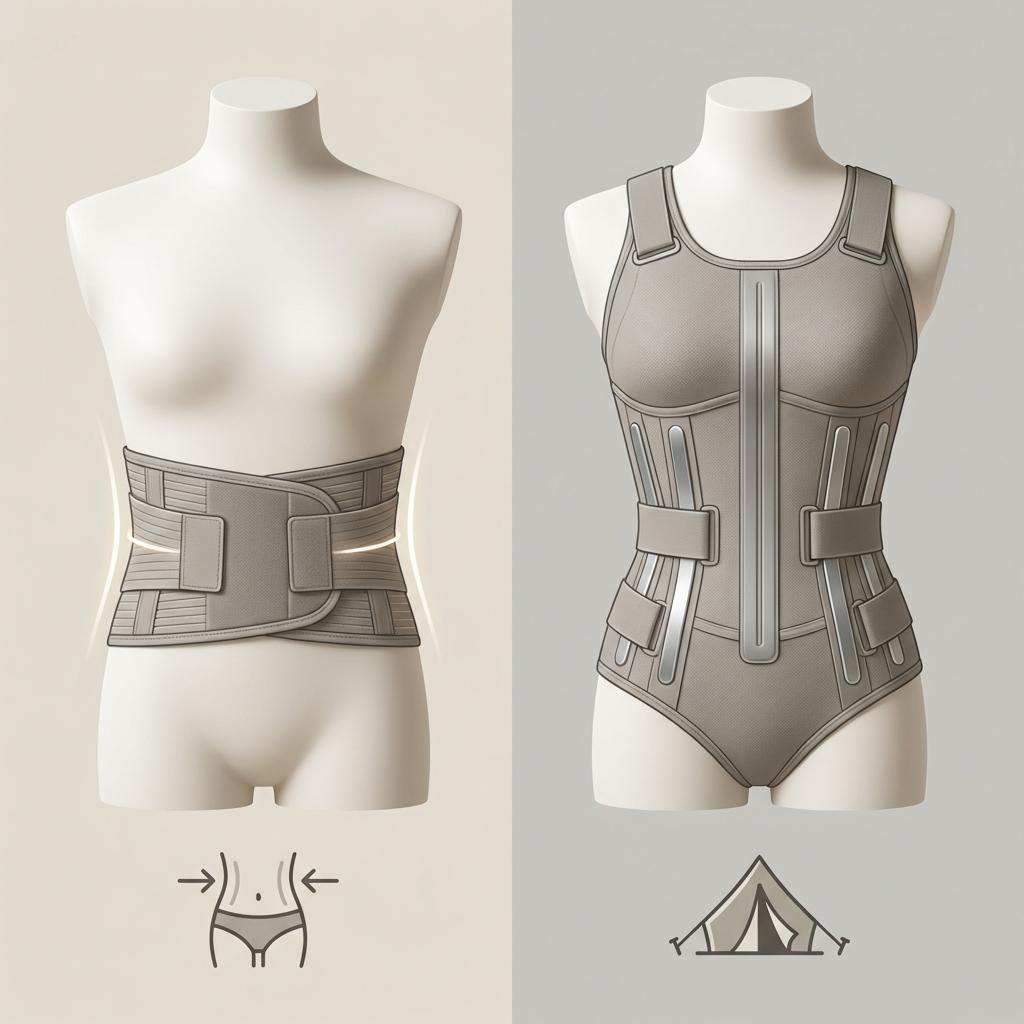 허리 복대 종류 비교 이미지 벨트형 복대와 코르셋형 복대 차이, 허리 디스크 보호대 효과와 복압 증가 및 척추 안정성 설명