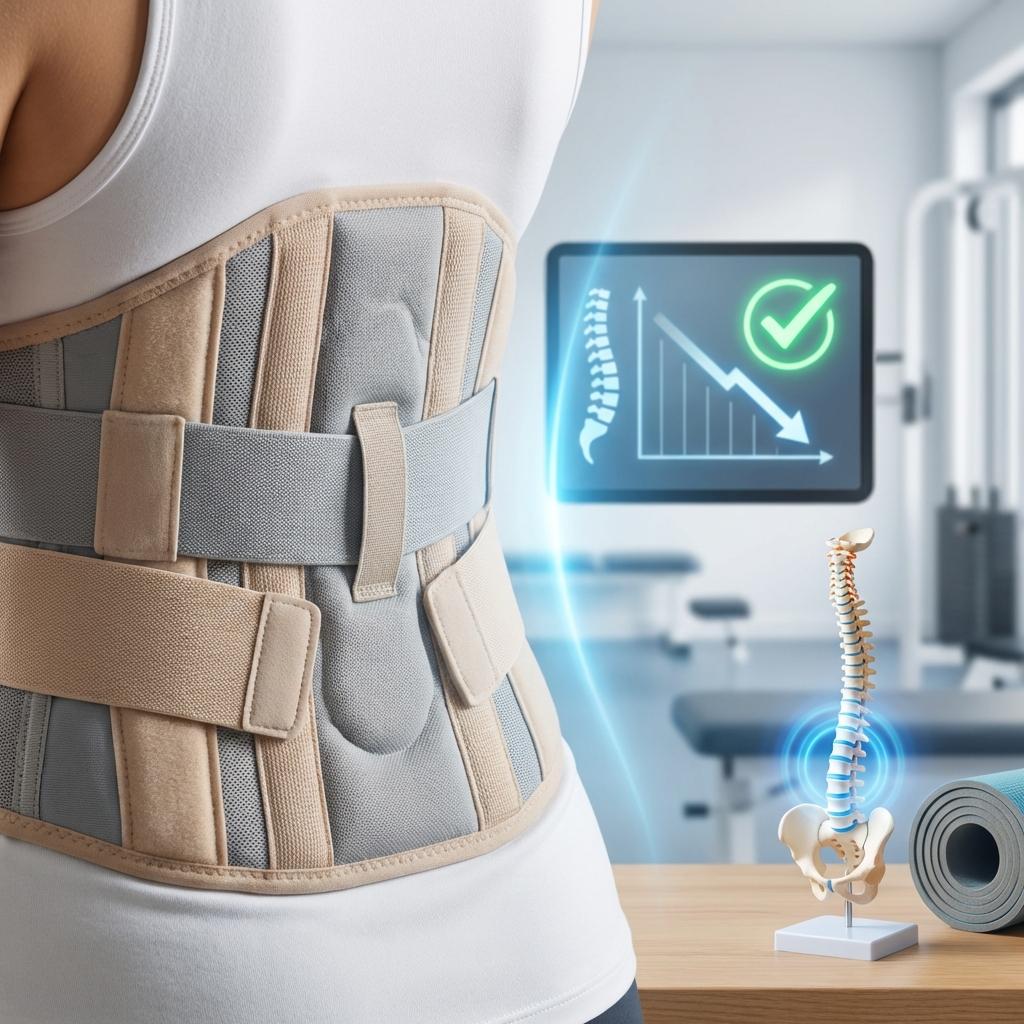 허리 디스크 복대 효과 설명 이미지 통증 감소와 척추 안정성 증가, 허리 보호대 착용 시 움직임 제한과 자세 교정 효과 안내