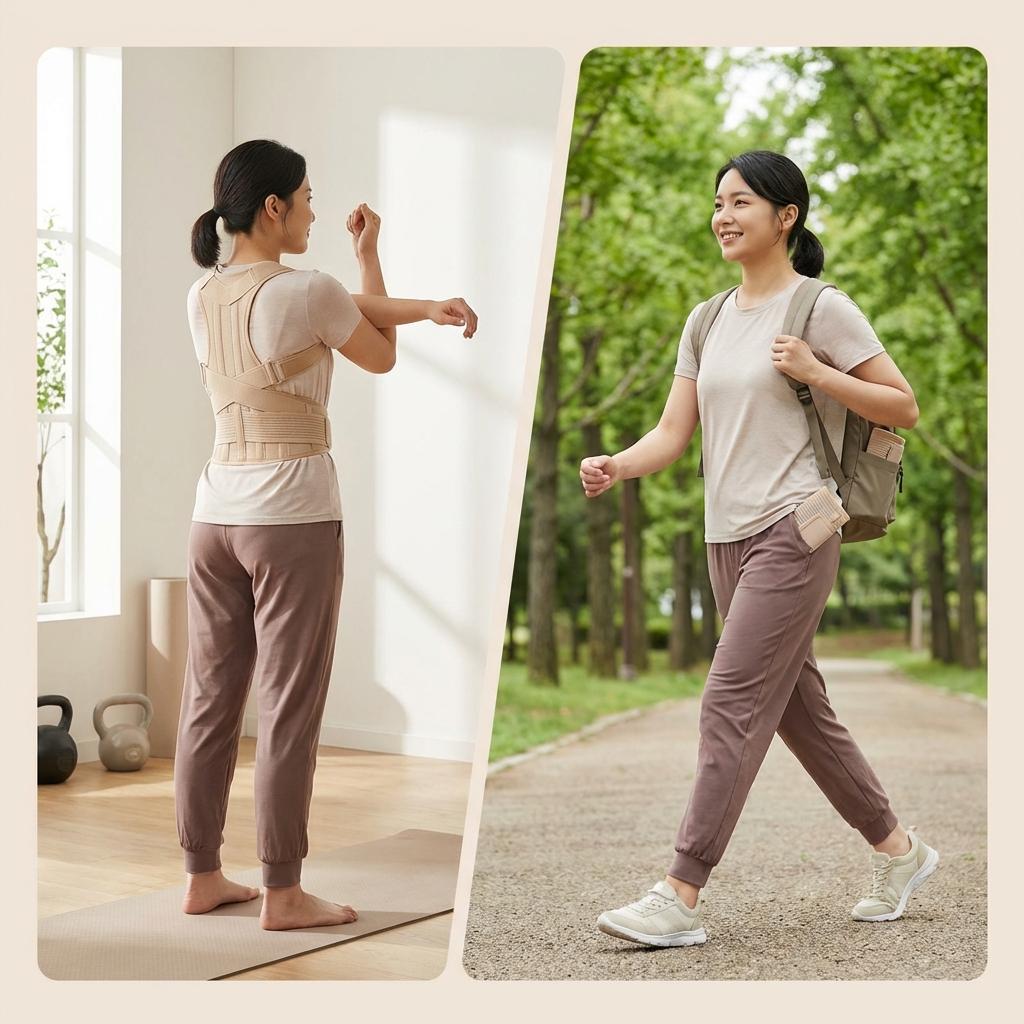 허리 복대 착용 시 주의사항 이미지 복대 근육 약화 오해와 운동 병행 중요성, 허리 디스크 재활 시 걷기와 코어 운동 필요성 설명