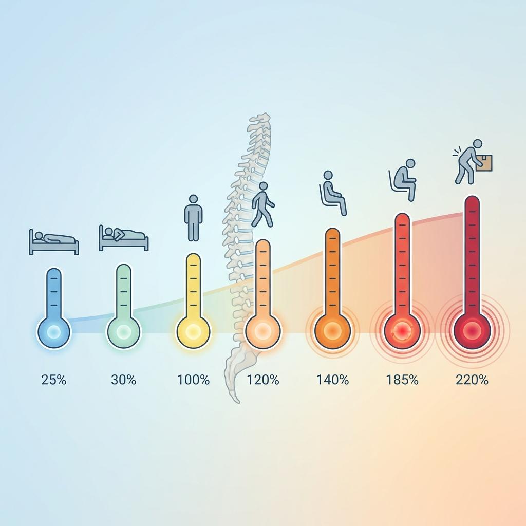 허리디스크와 좌골신경통 악화 요인, 앉기·걷기·물건 들기 등 자세별 디스크 압력 변화를 비교한 그래픽