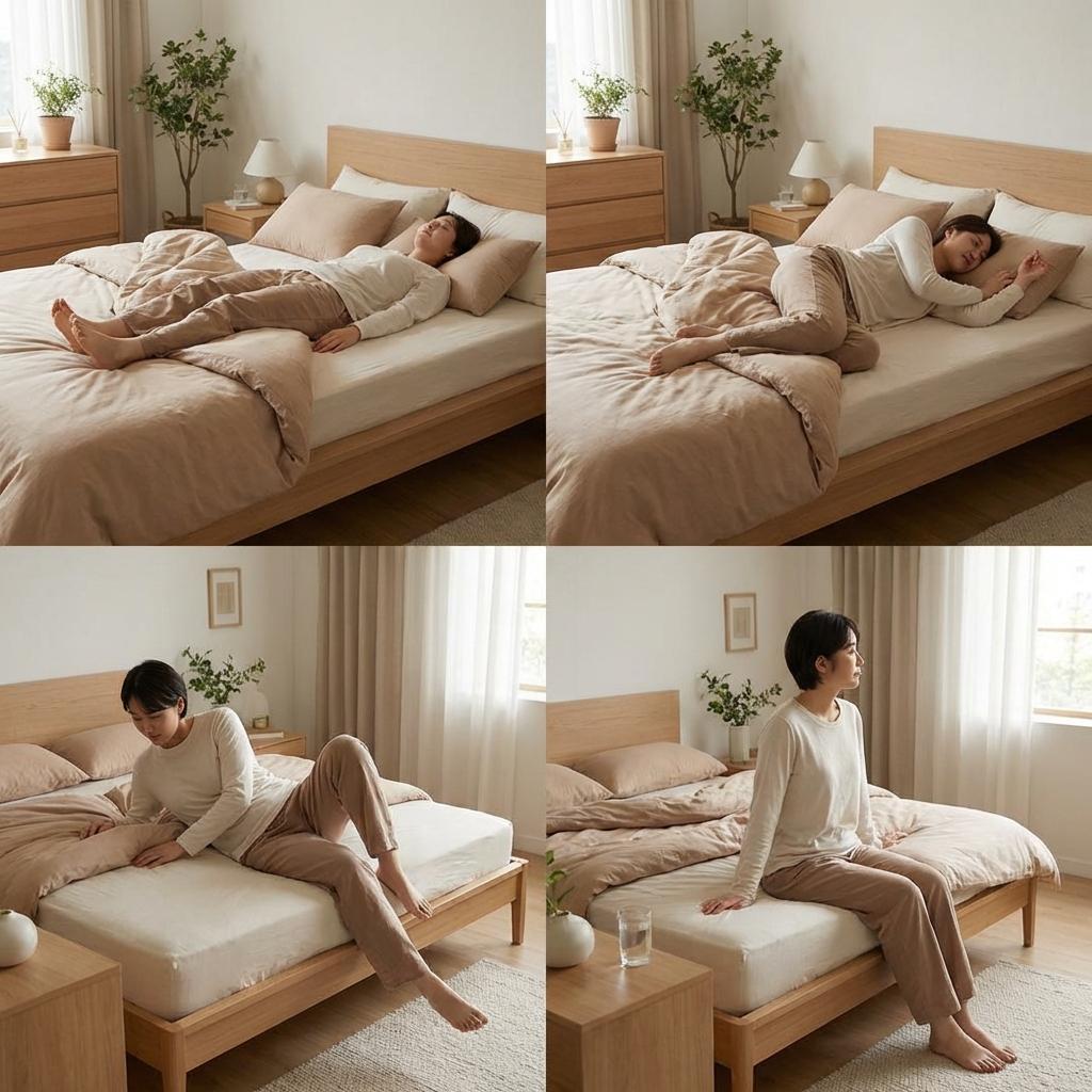 아침 허리 통증을 줄이기 위한 허리디스크 환자 기상 방법 – 옆으로 돌아 팔로 밀어 천천히 일어나는 자세