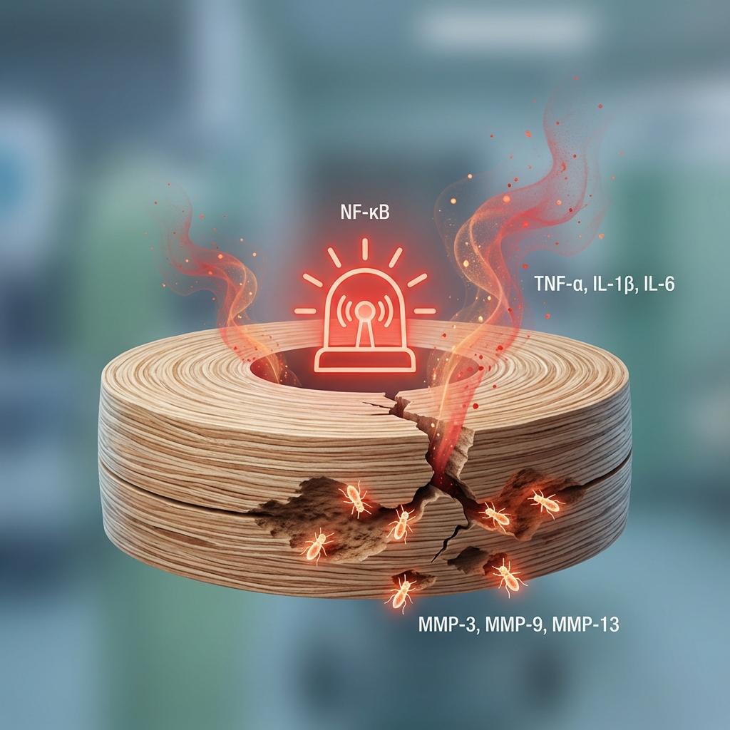 허리디스크 만성염증 경로 NF-κB와 TNF-α, MMP 활성화를 설명하는 디스크 퇴행 이미지