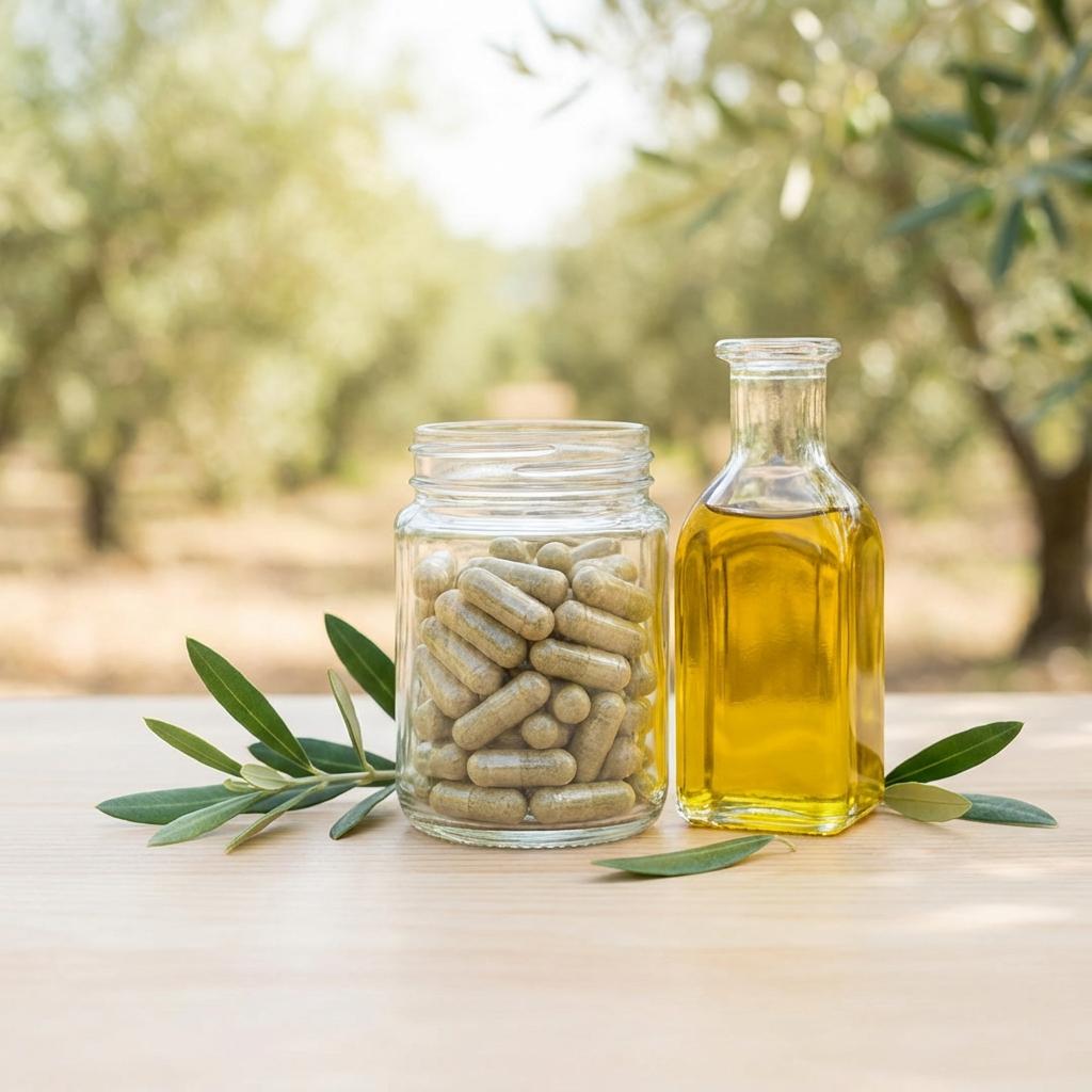 허리디스크 염증 완화를 위한 올리브 잎 추출물 캡슐과 올리브유 이미지