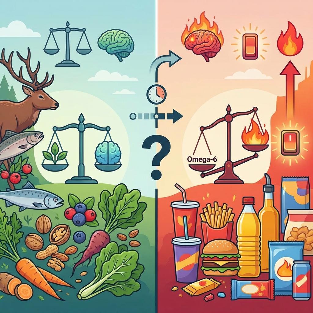 오메가6와 오메가3 비율 비교, 조상 식단과 현대 식단 차이, 염증 증가 원인과 항염 식단 설명 이미지