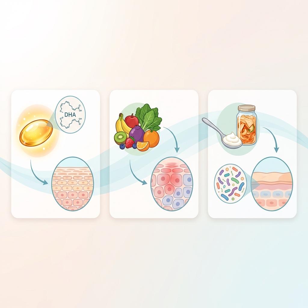 오메가3 DHA와 채소 과일의 폴리페놀, 프로바이오틱스가 NF-kB 염증 반응을 억제하고 장내 미생물과 피부 장벽을 개선해 아토피 피부염을 완화하는 과정 설명 일러스트